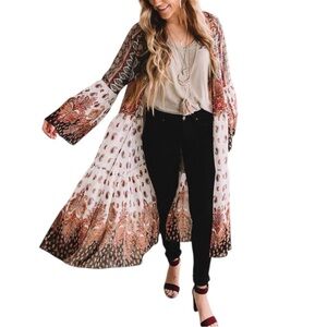 Gimmicks by BKE Paisley Boho Kimono Duster Cardigan Longline Festival Layer M